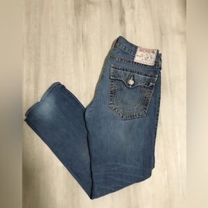 True Religion Ricky Big T Loose Fit Distressed Wash Yellow Stitching Jeans 34